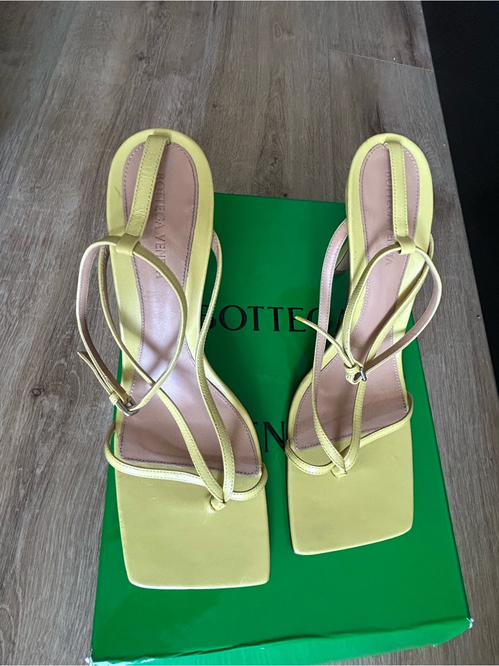 Bottega Veneta Lemon Yellow Square-Toe Strappy Heels
